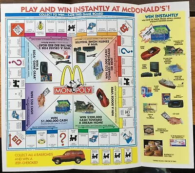 1995 McDonald's Monopoly Folded Paper Game Board Coca-Cola Jeep Viper Sega • $10