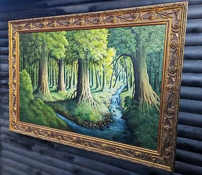 GIANT 61x42  VINTAGE FRAMED OIL PAINTING STATEMENT ARTWORK FOREST TREES RIVER  • £498