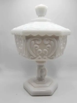 Milk Glass Scroll Scalloped Edge Covered Pedestal Candy Dish • $27.98