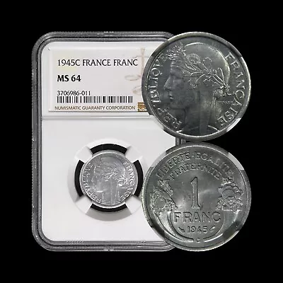 FRANCE. 1945 1 Franc - NGC MS64 - Top Pop 🥇 Laureate Head Cornucopias • $106.24