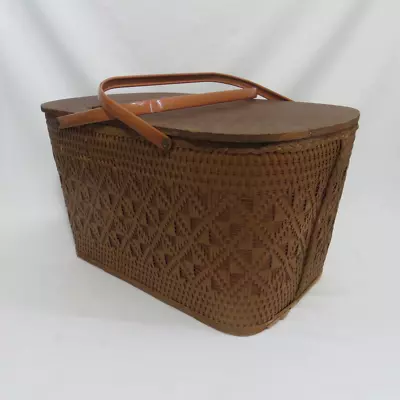 Large Vintage Wood & Woven Wicker Redmon Picnic Basket W Metal Handles • $35.50