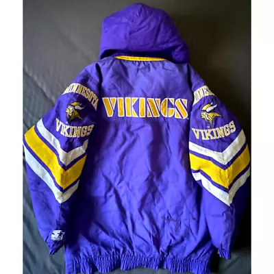 Minnesota Vikings 90s Starter Jacket Puffer L Xl Full Zip Purple Nfl Vtg • $130.80