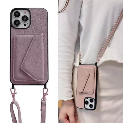 Crossbody Lanyard Case For IPhone 15 14 13 Pro Max 12 Leather Card Wallet Cover • £9.59