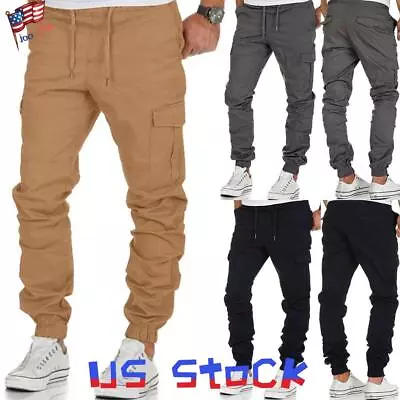 Men Drawstring Cargo Long Pants Elastic Waist Casual Combat Trousers Sweatpant// • $25.49