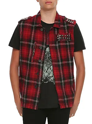 Tripp Gothic Punk Biker Trucker Studded Flannel Tartan Plaid Jacket Vest Fc7965m • $39.99