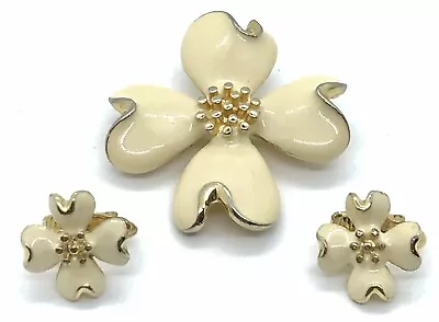 Vintage Enamel Dogwood 1 1/2  Brooch And Clip On Earrings • $17.50