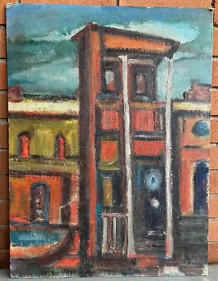 Vintage Abstract Architectural Painting Modern Art Mid Century Signed MCM • $225