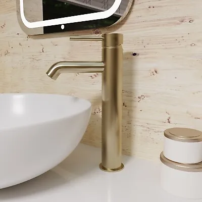 Luxhause Modern Countertop Mixer Tap Brushed Brass Tall Round Single Lever Basin • £69.99