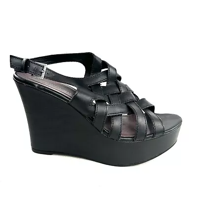 Madden Girl Women Size 9 Black Faux Leather Wedge Platform Sandal Shoe Buckle • $23.27