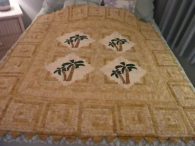 Palm Tree Scene Blanket Throw 54 X 54  Tans Beige Creme Hand & Machine Stitch • $8.99