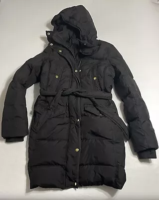 J. Crew Puffer Coat Black Down Filled Womens TM 40  Chest Button Up Hood • $51.69