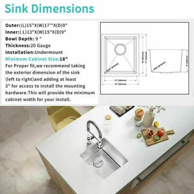 15  X 17  Stainless Steel Small Single Bowl Kitchen / Bar Prep Undermount Sink • $79