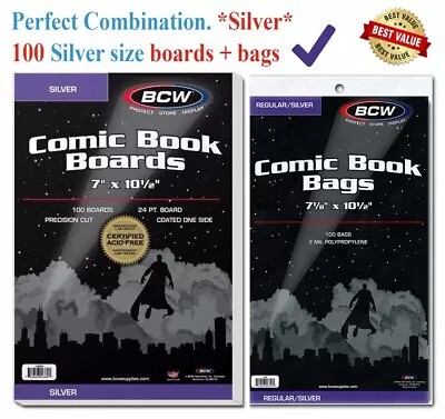 100 BCW Silver Era Comic Book Bags Sleeves + Acid Free Back Boards 7 X 10 1/2  • $24.98