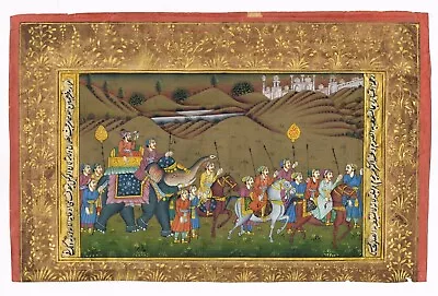 Indian Miniature Old Painting Of Mughal Procession Art On Paper 10x6.5 Inches • $299.99