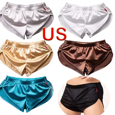 US Men's Silk Satin Boxer Shorts Underwear Side Split Swimwear Shorts Sexy  • $11.55