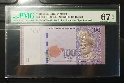 Malaysia Banknote Rm100 Pmg67epq Low Number Bq0000093 Zeti Gabenor • $118