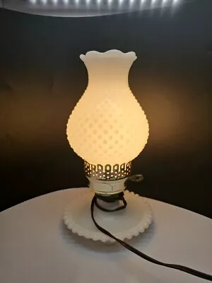 FENTON Hobnail White Milk Glass Hurricane Electric Table Lamp Tall Vintage • $23