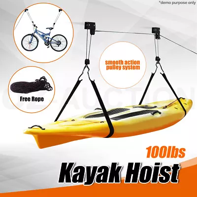 Kayak Hoist Bike Lift Pulley System Ceiling Hook Garage Storage Rack Free Rope • $49.95