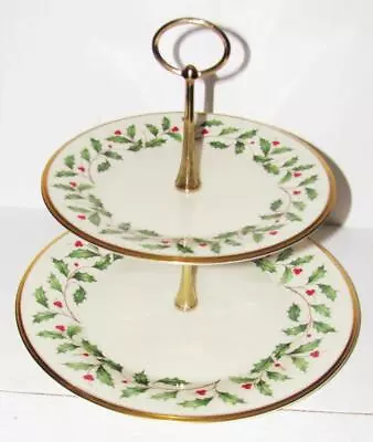 Holiday By LENOX Holly Berry Christmas 2 Tier Center Handled Server  Gold Trim • $38