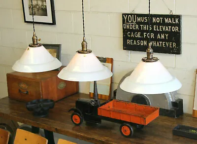 X44 Avail Vtg French Industrial 14  Glass White Pendant Lamp Light Schoolhouse • $195