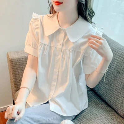 $21.05 • Buy Summer Sweet Peter Pan Collar Vintage Shirt Women Casual Short Sleeve Blouse Top