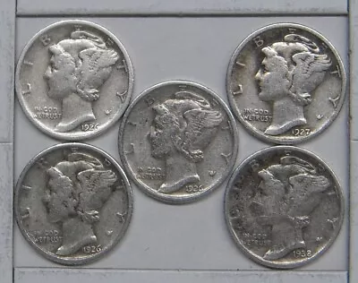 Mercury Dime Lot Of 5 1926-D 1926-P 1926-P 1927-P 1938-D.  90% Silver Coins • $13.95