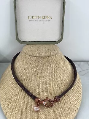 Judith Ripka Sterling Silver Rose Gold Heart Charm Leatherette Choker Necklace • $129.99