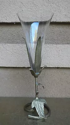 Mid Century 13.5” Tall Tulip Trumpet Glass Vase In Solid Brass Holder • $7.77