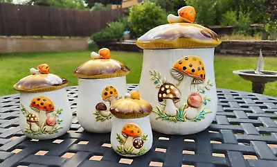 1978 Merry Mushroom 4 Four Jar Cookie/Canister Set W/Lids Sears And Roebuck MIJ • $132.50