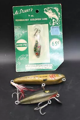 Lot 3 Vintage Fishing Lures - Two Wooden + 1960s Al's Goldfish In Original Pack • $20