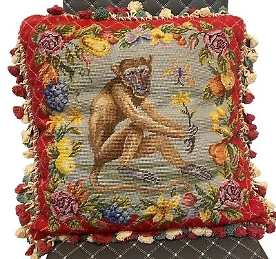 Vintage 123 Creations Monkey Needlepoint Pillow Aubusson Chinoiserie 19  • $134.47