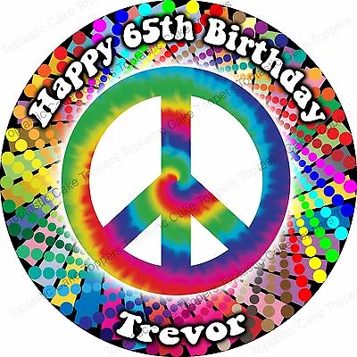 Personalised Peace Sign 60s 70s Hippy Love Edible Icing Birthday Cake Topper • £4.65