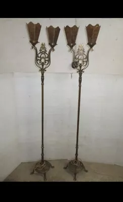 Awesome Pair Antique 1910 Floor Lamps Gothic Art Deco Hammered Brass Mica Shades • $3500