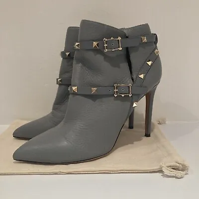 £425 • Buy Auth VALENTINO Grey Rock Stud Heeled Strap Ankle Boots Size 39/6UK