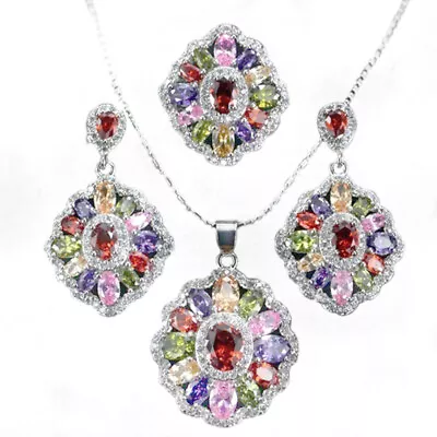 Elegant Colorful 925Silver Zircon Crystal Necklace Earring Ring Jewelry Set Gift • $4.01