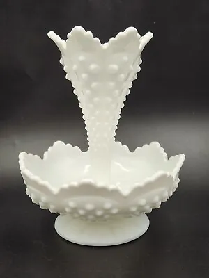 Vintage Fenton White Milk Glass Hobnail Footed Dish W/Single Horn Epergne Great! • $54.99