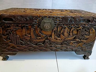 Vintage Camphor Oriental Carp Wood Hand Carved Chinese Storage Box Trunk Chest • £149.95