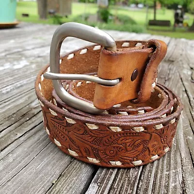 Vintage Mens Sz 42  Leather Tooled Western Belt With White Buckstitch • $19.99