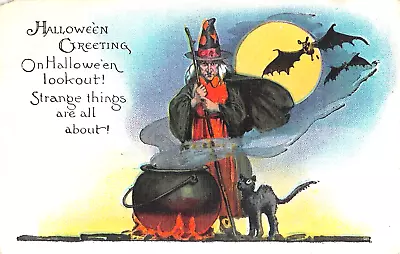 C.1920? Witch Stirring Kettle Black At & Bats Halloween Greetings Postcard As Is • $32