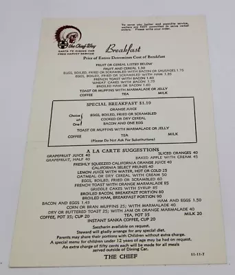 $14.50 • Buy Santa Fe The Chief Dining Car Breakfast Menu Fred Harvey Service Single Sheet