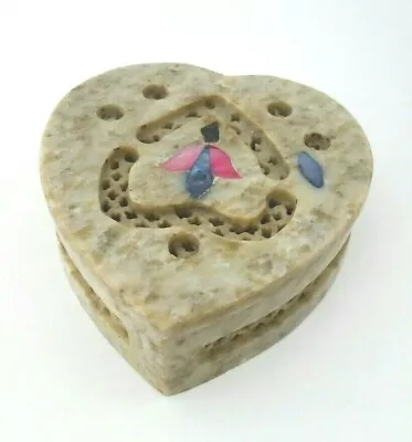 Vintage India Heart Hand Carved Soap Stone Box MOP Pink Floral Inlaid Lid • $9.79