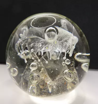 Hand Blown Clear White Flower With Bubbles & Gold Flakes Round Paperweight • $14.99