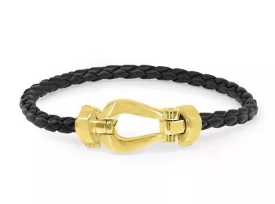 Mens Leather Bracelet-Chunky Braided Stainless Steel Horseshoe Buckle Wristband • £7.85