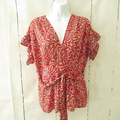 Max Studio Top L Large Red Floral Short Sleeve Ruffle Boho Peasant Belted • $16.99