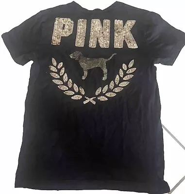 Victoria's Secret PINK CAMPUS Everyday T-Shirt Gold Glitter Bling Black Sz XS • $14