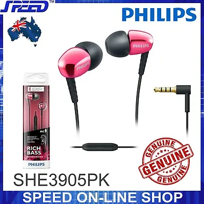 $45 • Buy PHILIPS SHE3905PK Headphones Earphones With Mic - Rich Bass - PINK - GENUINE