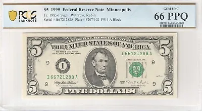 $5 1995 Federal Reserve Note Minneapolis WithrowRubin  FW I-A PPQ 66Graded GEM • $39.99