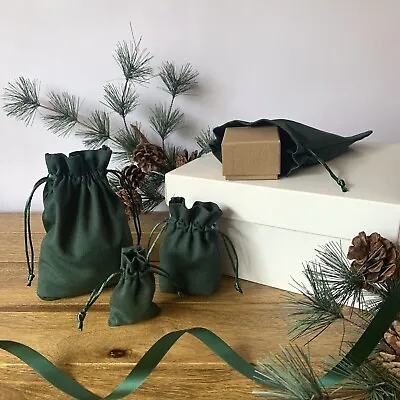 Eco Friendly 100% Cotton Dark Green Drawstring Pouch Gift Bags Jewellery Small • £4.95