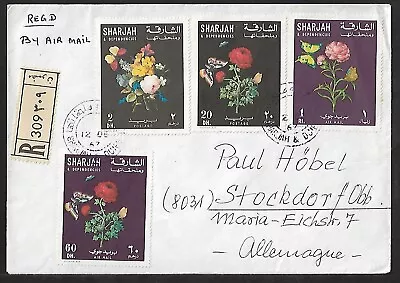 Uae Sharjah To Germany Air Mail Flowers Set On Registered Cover 1971 • $3.25