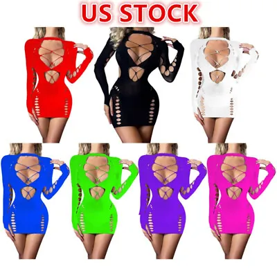 US Womens Sexy Fishnet Cover Up Dress Stretchy  Bodysuit Mesh Bodycon Mini Dress • $7.27